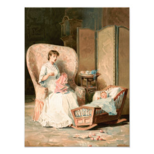 Impression Photo Vintage 1888 Mère et bébé dormant, restauré
