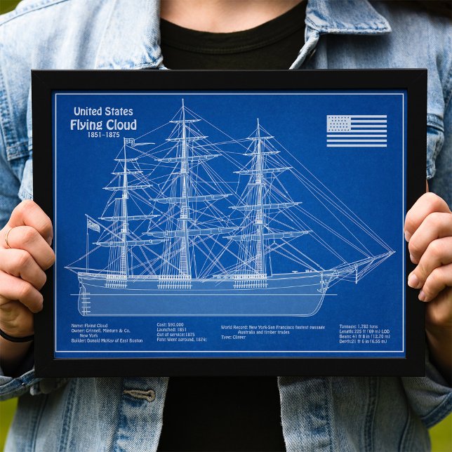 Impression Photo Voilier Clipper Flying Cloud - Plan ABD (Clipper Ship Flying Cloud - Blueprint ABD. Photo Print )