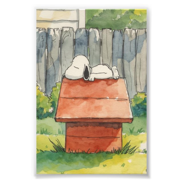 Impression Photo Watercolor Sleeping Dog on Red Doghouse Art (Devant)