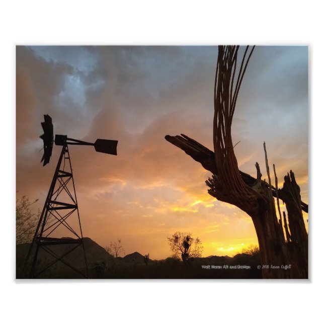 Impression Photo Windmill et Saguaro Cactus Skeleton au coucher du  (Devant)