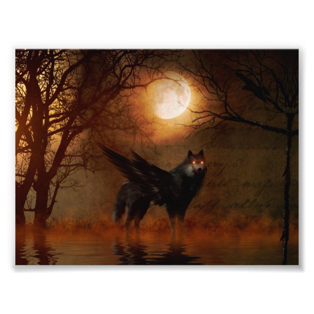Impression Photo Winged wolf in the dark forest (Devant)