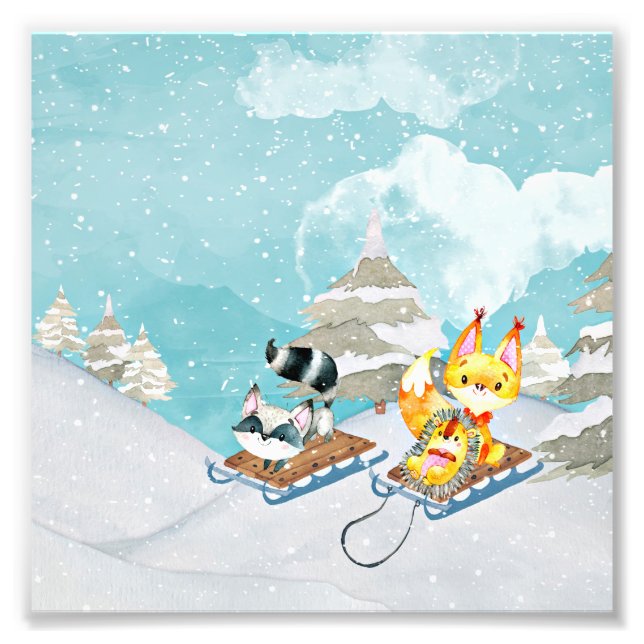Impression Photo Winter Woodland Friends -Fox Hedgehog Illustration (Devant)