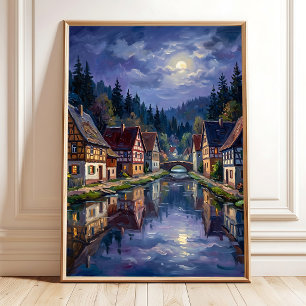 Impression sur toile d'art de village sous la lune
