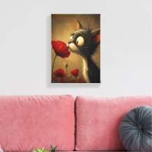 Impression sur toile tendue Chat noir mignon Fleur