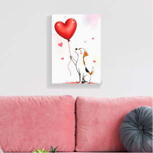 Impression sur toile tendue Chien ballon cœur roug