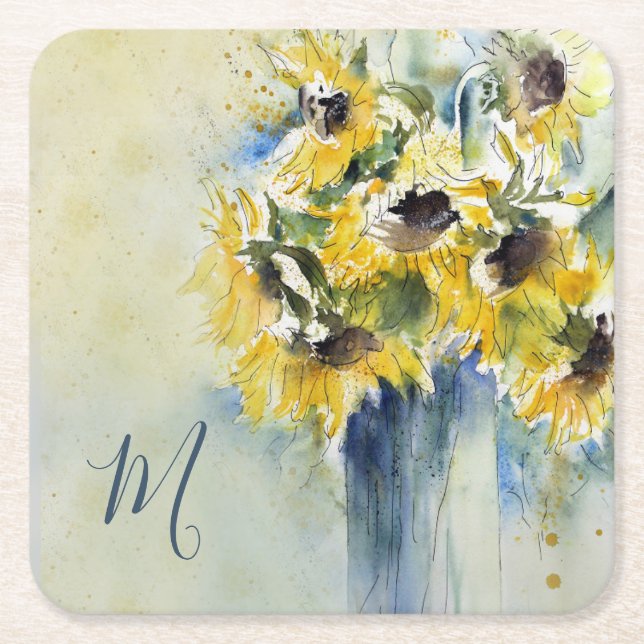 Impressionist-Aquarell-Sonnenblumen mit Monogramm Rechteckiger Pappuntersetzer (Vorderseite)