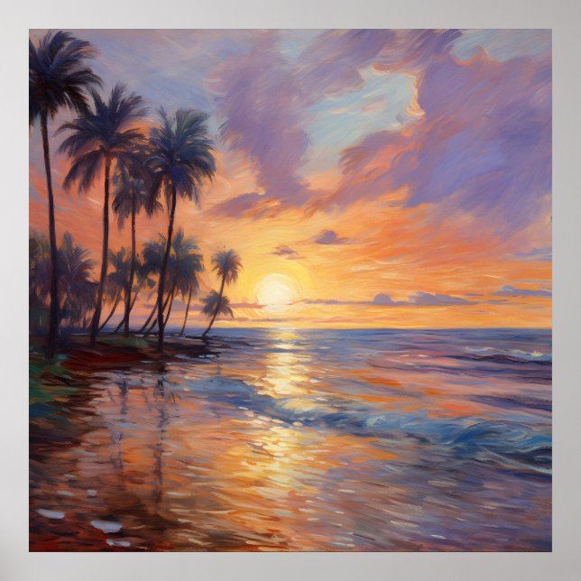 Impressionist Beauty: Strand, Palmen und Sonnenunt Poster (Vorne)