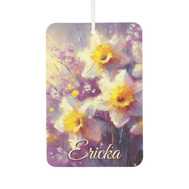 Impressionist Daffodil Floral Lila Personalisiert Autolufterfrischer (Vorderseite)