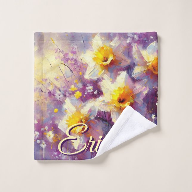 Impressionist Daffodil Floral Lila Personalisiert Waschlappen (Waschlappen)