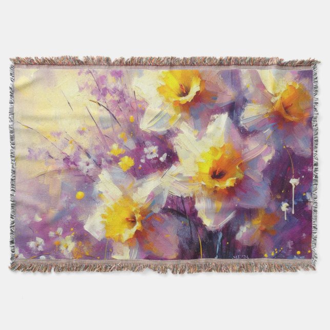 Impressionist Daffodin Lila Gelbe Kunst Decke (Vorderseite)