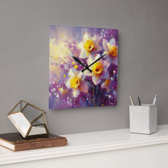 Impressionist Daffodin Lila Gelbe Kunst Quadratische Wanduhr (Büro)
