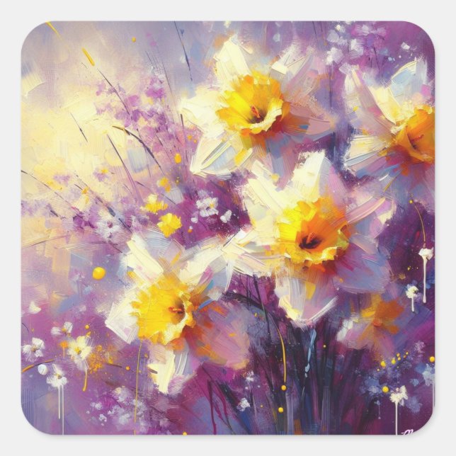 Impressionist Daffodin Lila Gelbe Kunst Quadratischer Aufkleber (Vorderseite)