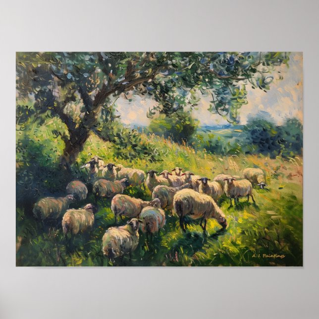 Impressionist Flock der Schaflandschaft Malerei Poster (Vorne)