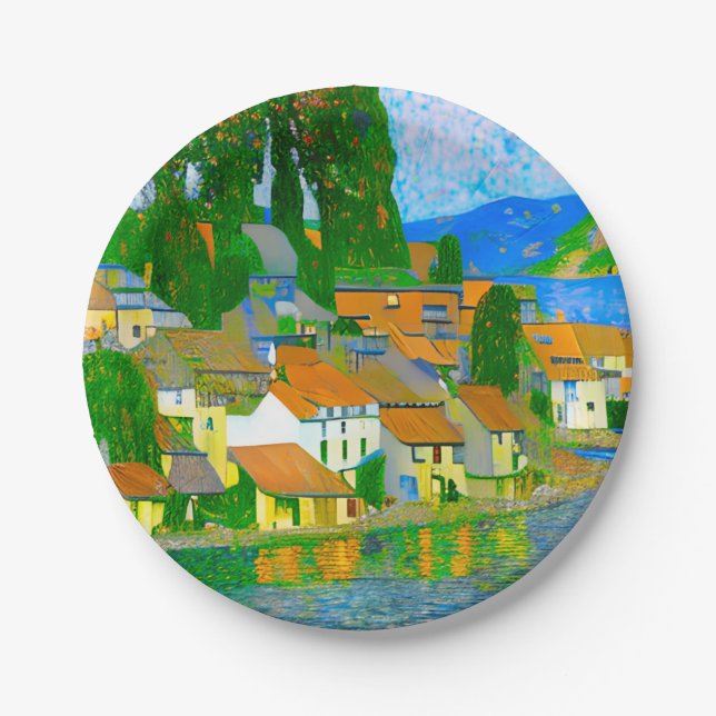 Impressionist  Mediterranean Village by the Sea   Pappteller (Vorderseite)