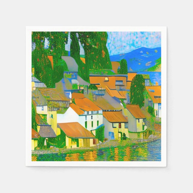 Impressionist  Mediterranean Village by the Sea   Serviette (Vorderseite)