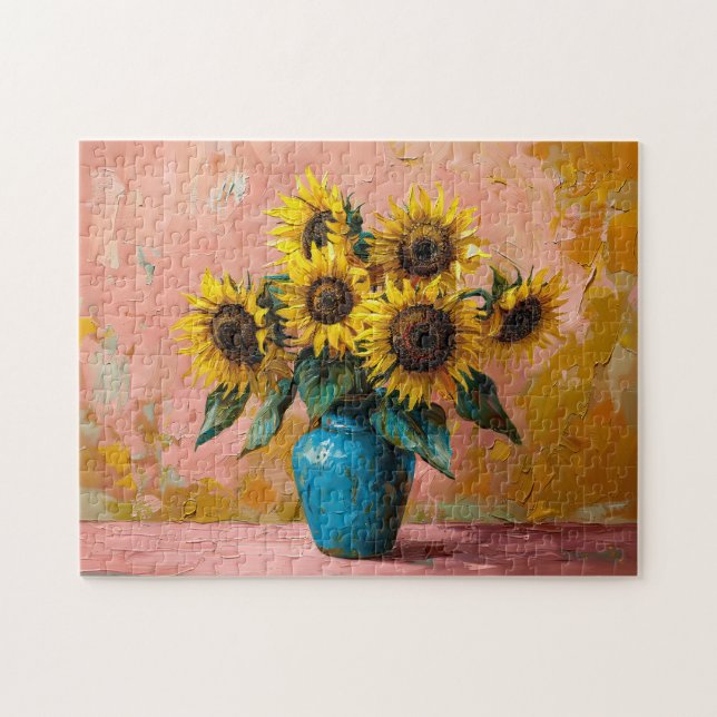 Impressionist Sonnenblumen in einer blauen Vase (Horizontal)