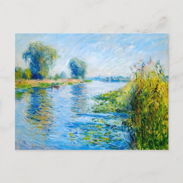 Impressionist Spring Riverbank mit Booten Feiertagspostkarte (Vorderseite)