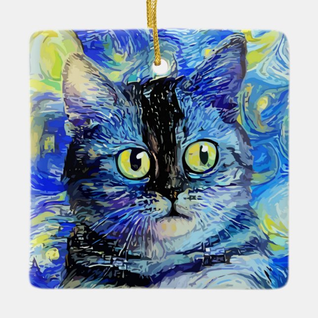 Impressionist Starry Night Tabby Cat Portrait Keramikornament (Vorderseite)
