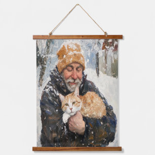 Impressionist Tapestes - Alter Mann und Katze im S Wandteppich Mit Holzrahmen