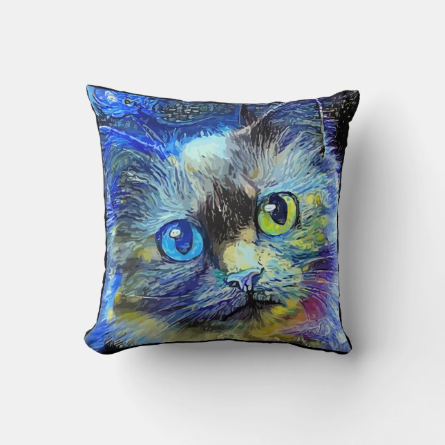 Impressionistin Cat Portrait Blue Yellow Black Kissen (Vorderseite)