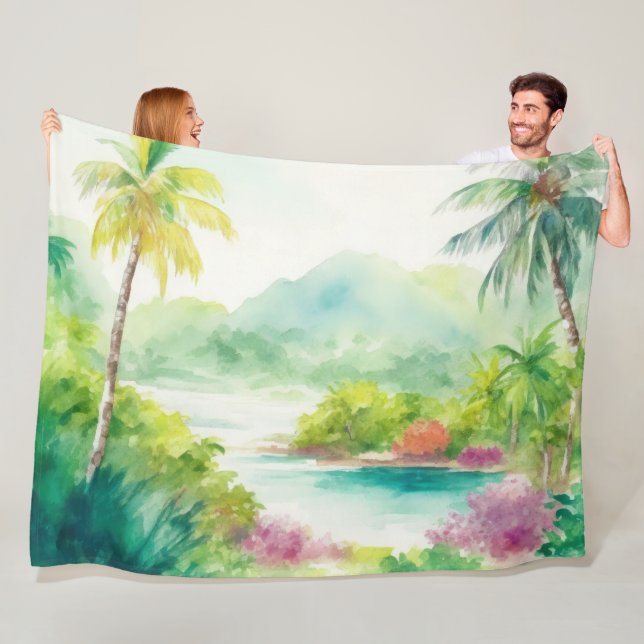 Impressionistin Watercolor Tropical Island Szene Fleecedecke (Beispiel)