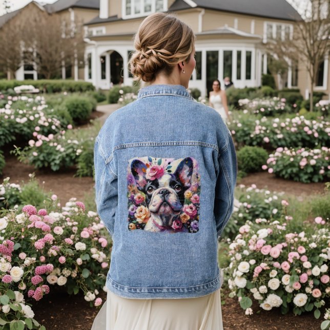 Impressionistisch bunt französische Bulldog-Rose Jeansjacke (Hochzeit Rückseite)