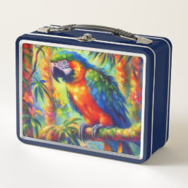Impressionistisch tropischer Papagei Bird Blue Gre Metall Brotdose