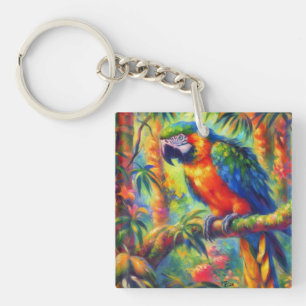 Impressionistisch tropischer Papagei Bird Blue Gre Schlüsselanhänger