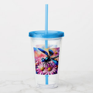Impressionistische Dragonfly On Pink Daisis Floral Acryltrinkbecher