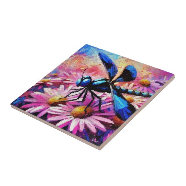 Impressionistische Dragonfly On Pink Daisis Floral Fliese (Seite)
