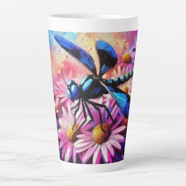 Impressionistische Dragonfly On Pink Daisis Floral Milchtasse (Vorderseite)