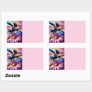 Impressionistische Dragonfly On Pink Daisis Floral Rechteckiger Aufkleber