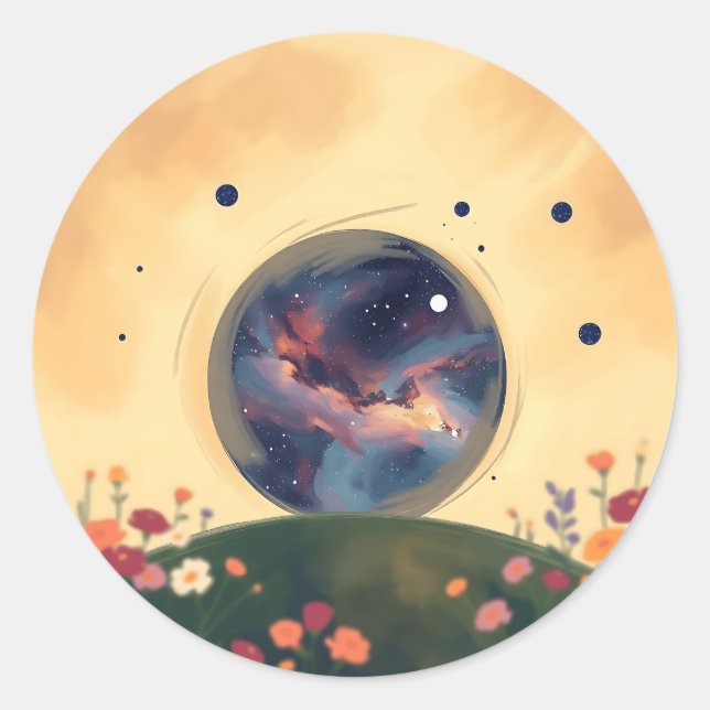 Impressionistische Galaxie mit blühendem Garten Runder Aufkleber (Vorderseite)