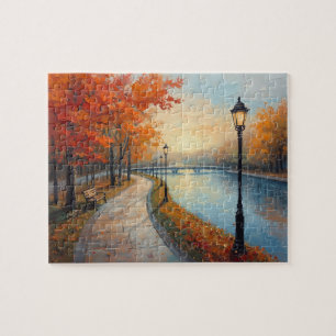 Impressionistische Herbst-Fluss-Promenade-Laternen