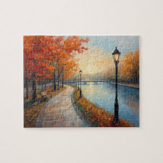 Impressionistische Herbst-Fluss-Promenade-Laternen
