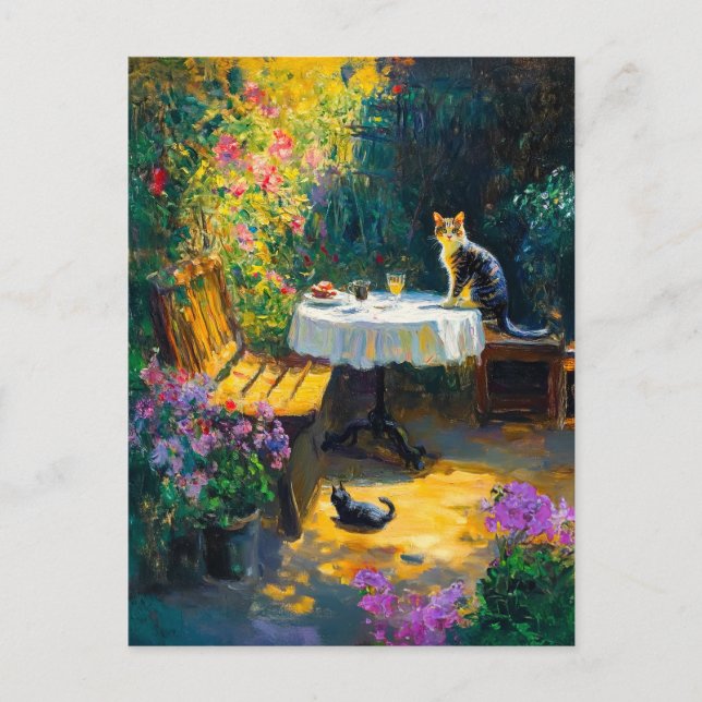 Impressionistische Katzen im Garten Postkarte (Vorderseite)