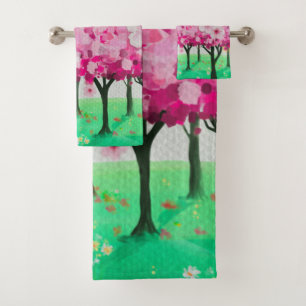 Impressionistische Kirschblüten Duschvorhang Badhandtuch Set