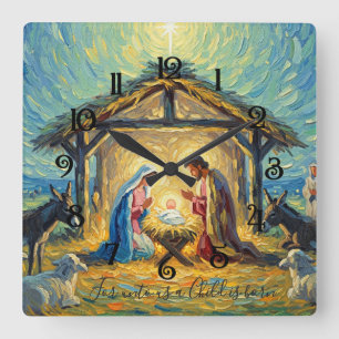 Impressionistische Malerei Weihnachtsszene Quadratische Wanduhr