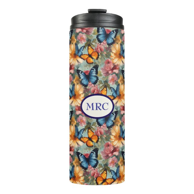 Impressionistische Schmetterlinge und Blume Thermosbecher (Vorderseite)