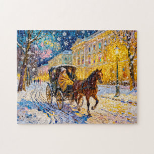 Impressionistische schneebedeckte Stadtnacht mit v