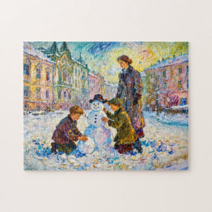 Impressionistische Winterplatzszene mit spielenden