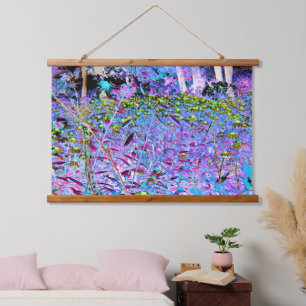 Impressionistischer Chartreuse und Aqua Garden Blu Wandteppich Mit Holzrahmen