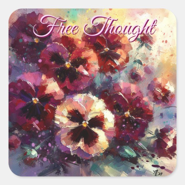 Impressionistisches Maroon Stiefmütterchen Blumeng Quadratischer Aufkleber (Vorderseite)