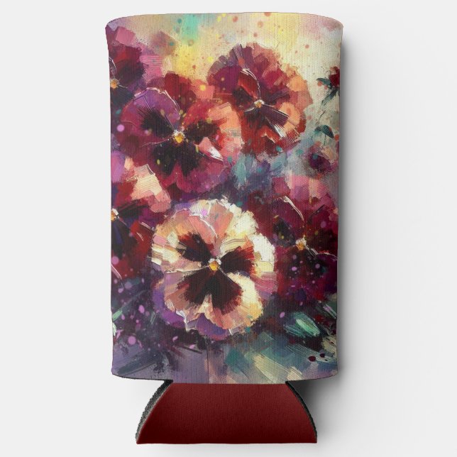 Impressionistisches Maroon Stiefmütterchen Blumeng Selters Dosenkühler (Vorderseite)