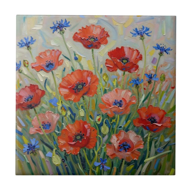 Impressionistisches rotes Mohnfeld Fliese (Vorderseite)