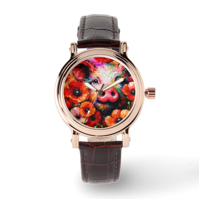 Impressionistisches Schweinefieber in Roter Mohn-B Armbanduhr (Vorderseite)
