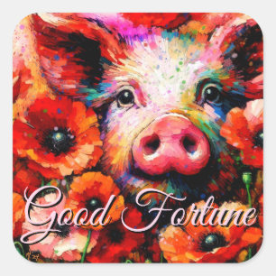 Impressionistisches Schweinefieber in Roter Mohn-B Quadratischer Aufkleber