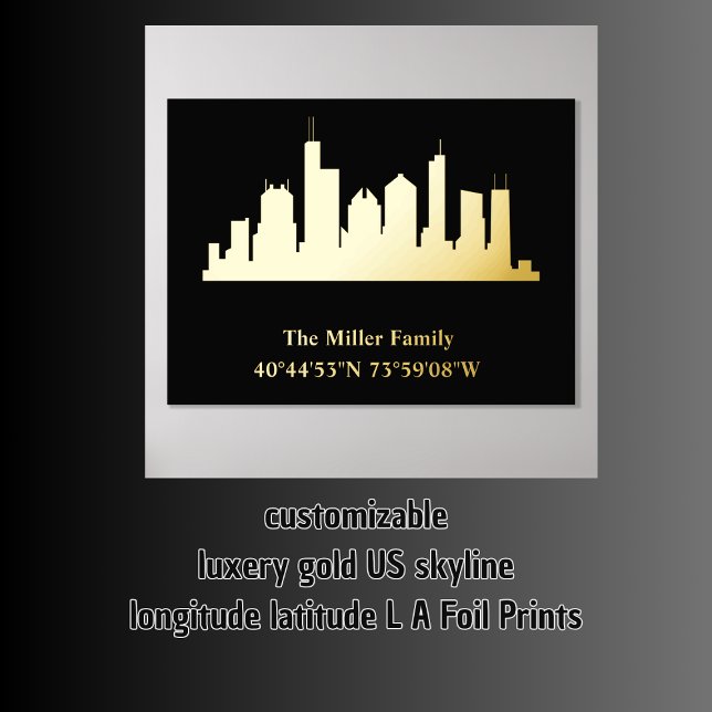 Impressions Dorure luxueux or US horizon longitude latitude L A (luxery gold US skyline longitude latitude L A Foil Prints)