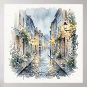 Impressions Dorure Rue européenne pavée de galets par temps de pluie 