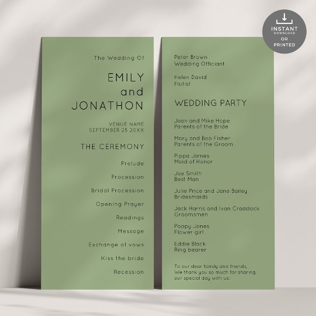 Imprimable Simple Texte Sage Programme de mariage  (Front and back view)